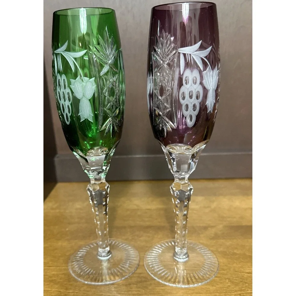 2 Ajka Crystal Glass Champagne Flutes Marsala Emerald Green & Purple 8 7/8